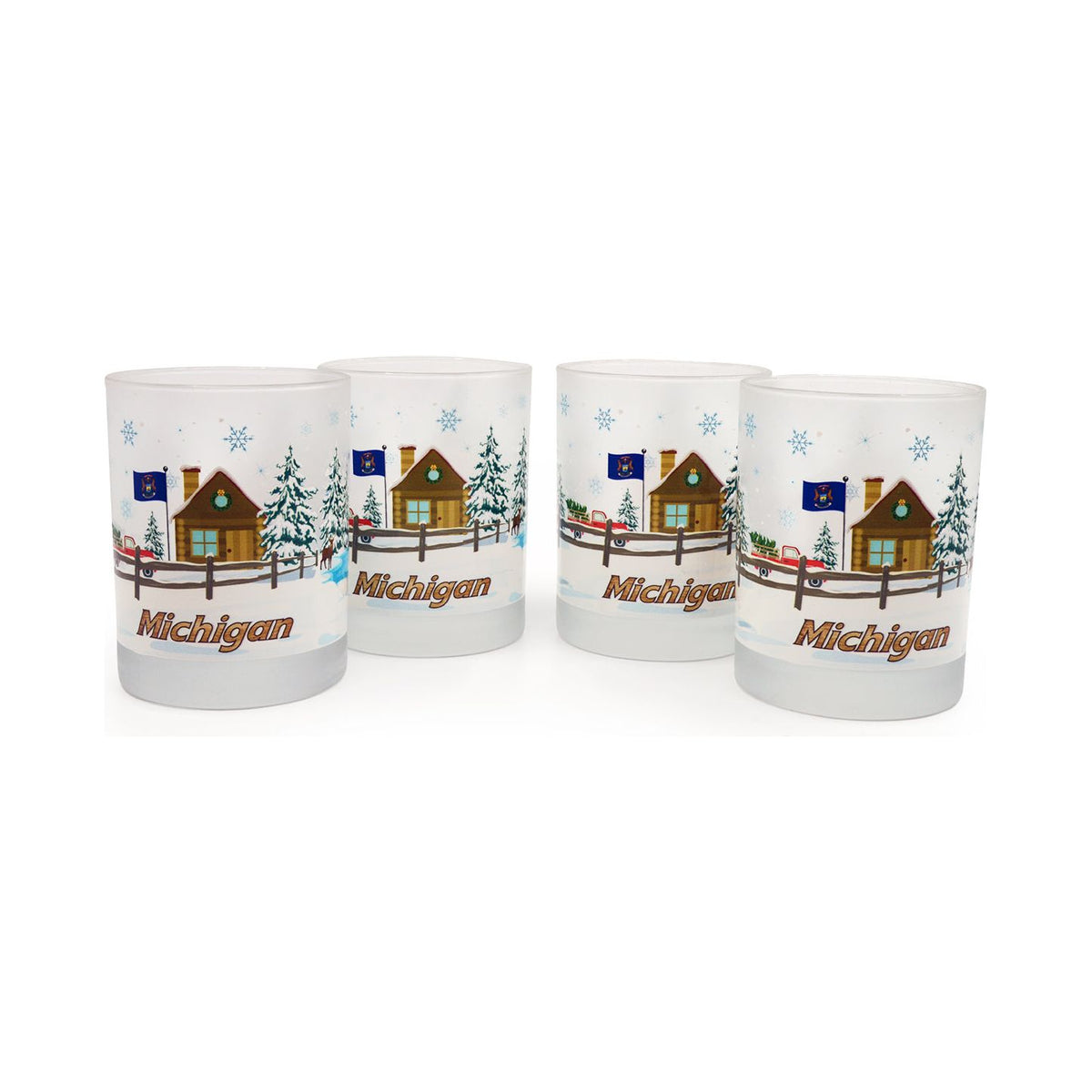 Home for the Holidays Double Old-Fashioned 14oz. Rocks Glasses - Christmas in Michigan - Set of 4
