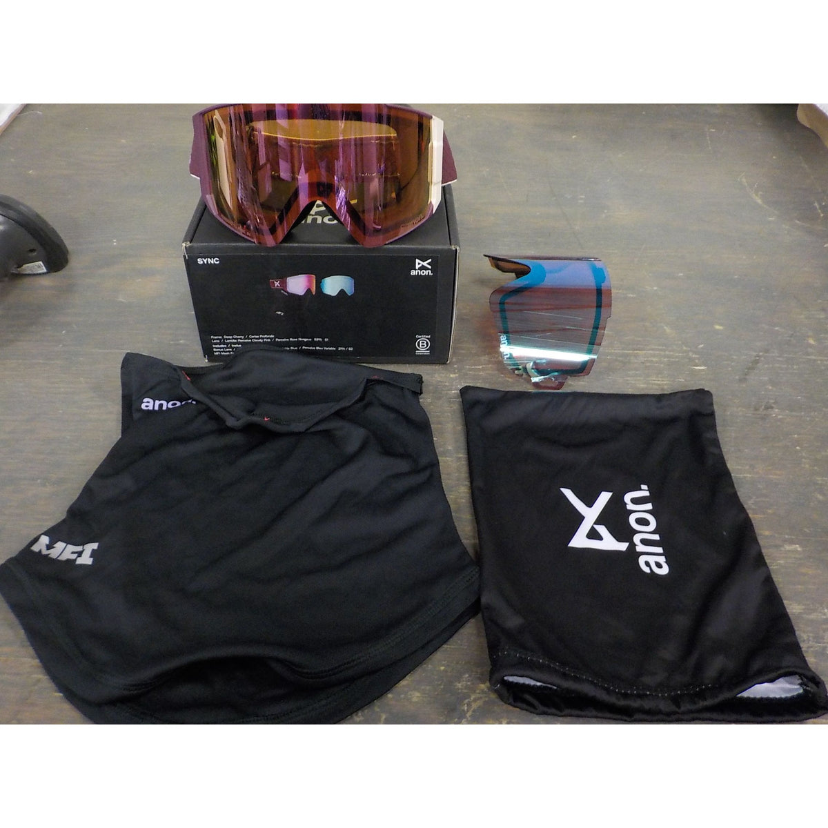 Anon Sync Goggles + Bonus Lens + MFI Face Mask - Deep Cherry; Perceive Cloudy Pink + Perceive Variable Blue - Used - Acceptable