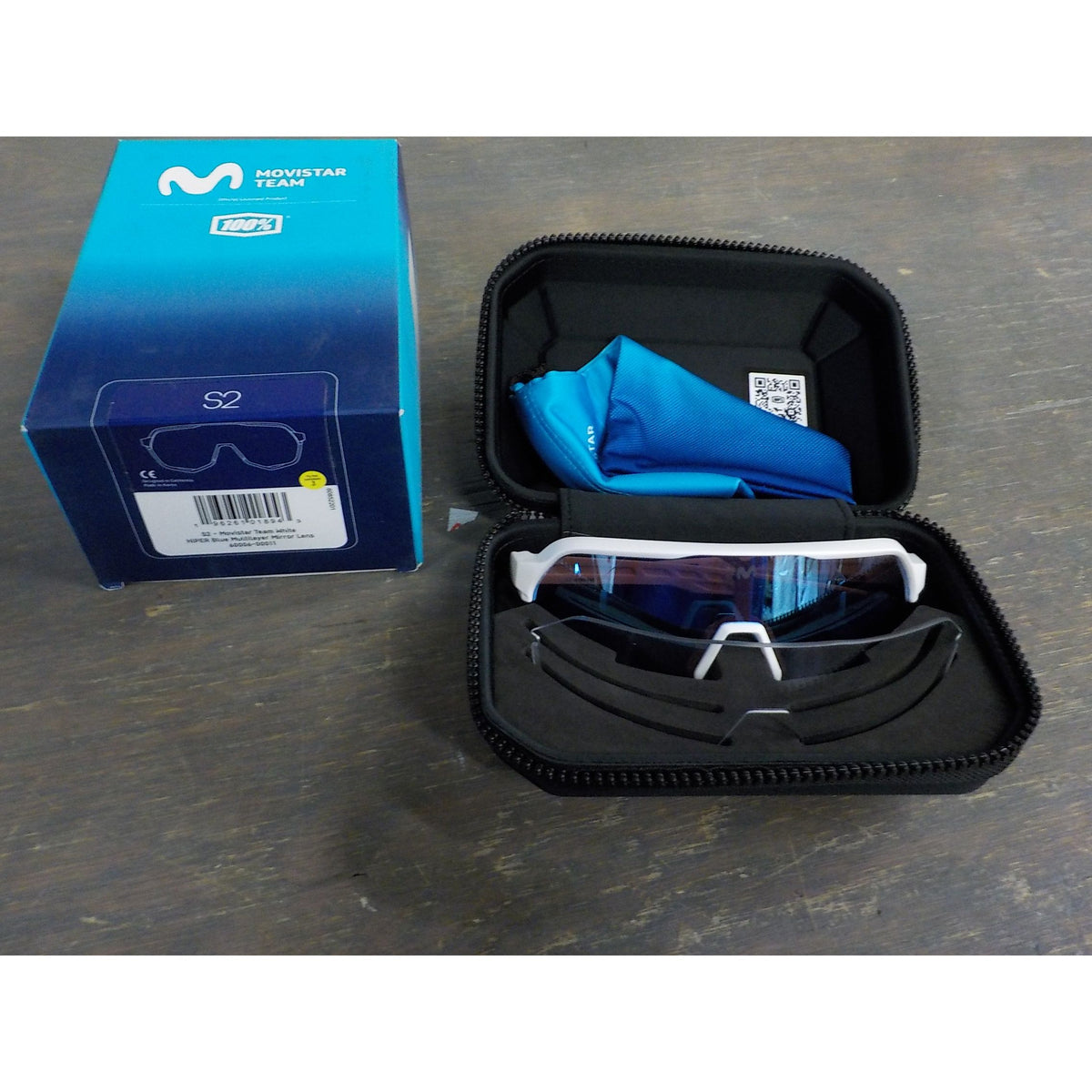 100% S2 Sunglasses - Movistar Team White; HiPER Blue Multilayer Mirror - Used - Acceptable