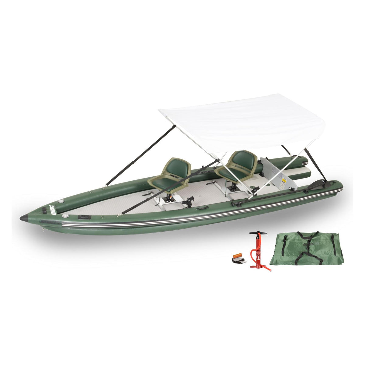 Sea Eagle FishSkiff 16 Inflatable Fishing Boat 2-Person Swivel Seat Canopy Package