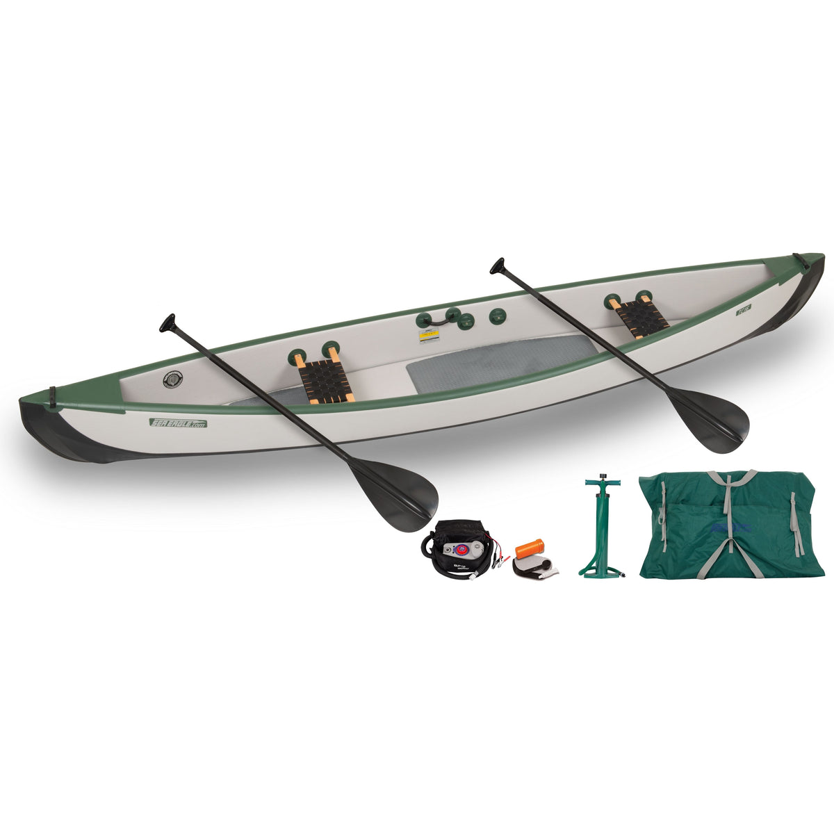 Sea Eagle TC16 Travel Canoe 2 Person Electric Pump Wood/Web Seats Package